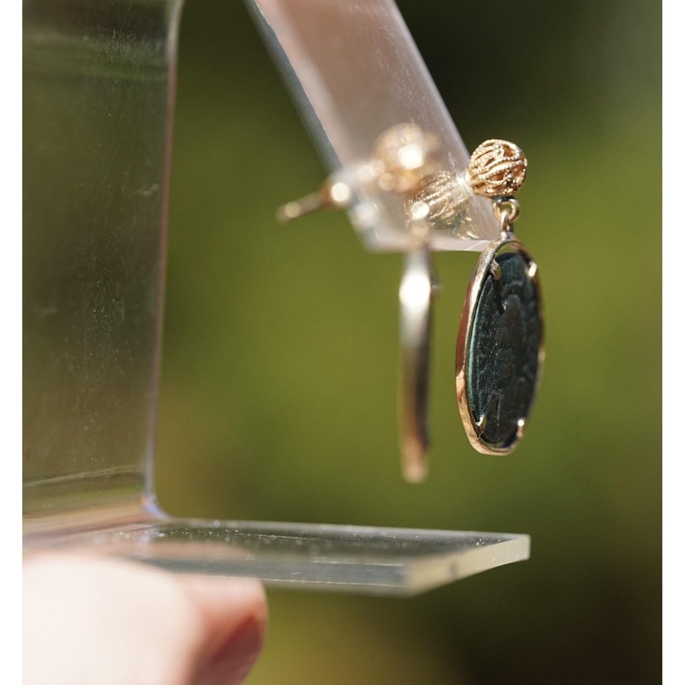 14k Solid Yellow Gold Roman Coin‎ Dangle Earrings Authentic Bronze Vintage Style - Picture 5 of 6
